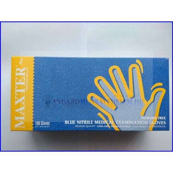 MAXTER NITRIL PLUS  BLUE, Hosszúszárú púdermentes vizsgáló kesztyű, kék, 100db/doboz